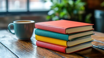 Colorful Books Stacked on Wooden Table Beside Coffee