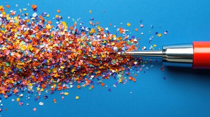 Colorful confetti stream with red pen on blue background