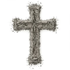 Crumbling Cross Made of Ashes and Debris on White Background
