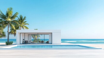 Fototapeta premium A stunning beachfront bungalow showcases an infinity pool surrounded by swaying palm trees, overlooking the vast ocean under clear blue skies