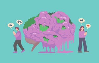 People use smartphone and the big purple brain rot. Concept about deterioration of a person's mental, OCD, or low intellectual state result of addicted overconsumption of content online.