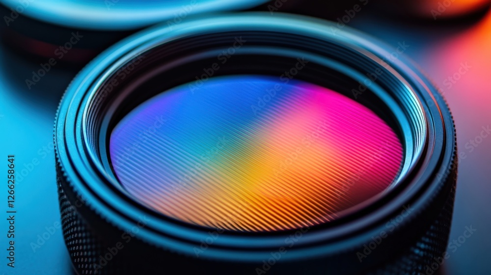 Aufkleber close up of a camera lens illuminated with vibrant, colorful lighting, creating a gradient effect an