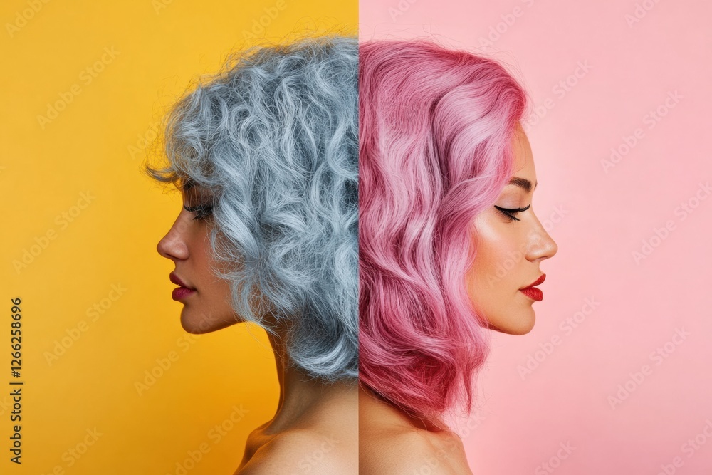 Poster transformation from gray hair to vibrant color showcasing dyed curls against contrasting backgrounds