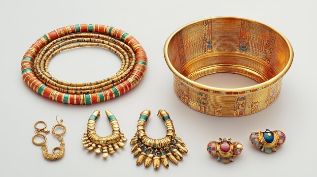 Ancient Egyptian gold jewelry and bowl display