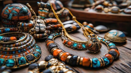 Colorful artisanal jewelry displayed on a rustic wooden surface, with more treasures in the background. Possible use stock photo for handcrafted jewelry