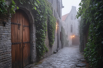 Fototapeta premium Mysterious cobblestone alleyway with ivy-covered walls and foggy ambiance in a historic town