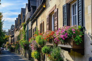 Colorful flower-filled balconies line a charming street in a historic neighborhood on a sunny day