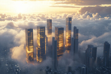 Golden skyscrapers emerge from clouds during sunrise in a bustling urban landscape