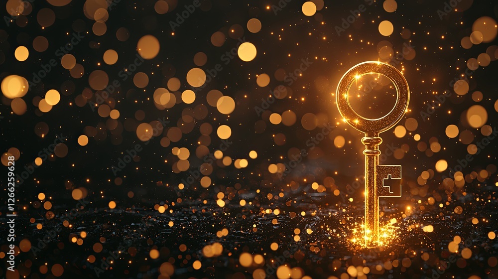 Poster golden sparkling key surrounded by glowing bokeh lights