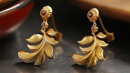 Gold leaf earrings, featuring ruby accents, on a dark background