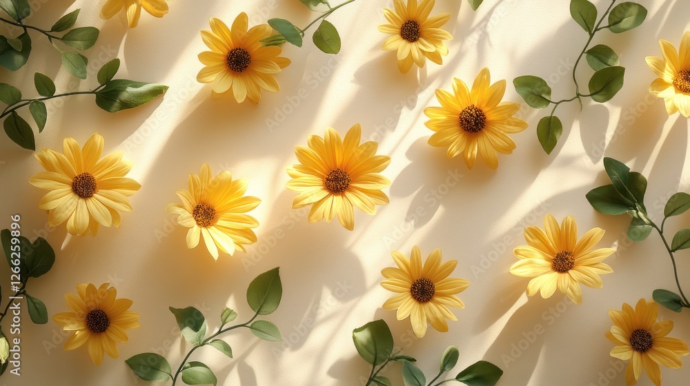 Poster Sunlit yellow daisies, leaves, flatlay, sunbeams, background, website