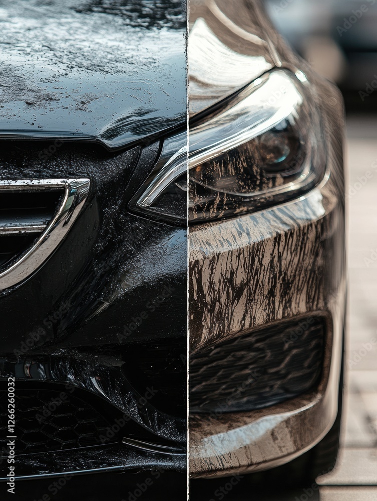 Poster comparison of a scratched dirty car and a polished shiny vehicle showing the impact of car maintenan