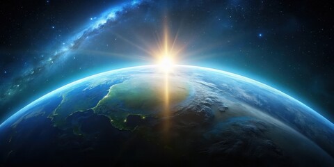 Fototapeta premium A Radiant Sunrise Over a Vibrant Planet Earth Viewed From Space, Showing the Milky Way Galaxy in the Background