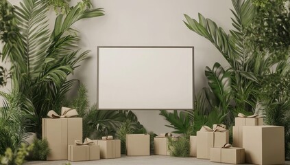 Blank display mockup with gifts and tropical plants in a modern room