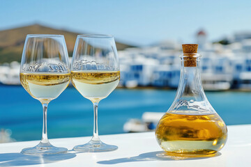 White wine in glasses and decanter served with a view of the seashore