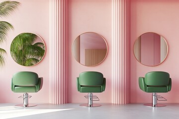 Pink salon interior with green styling chairs and round mirrors