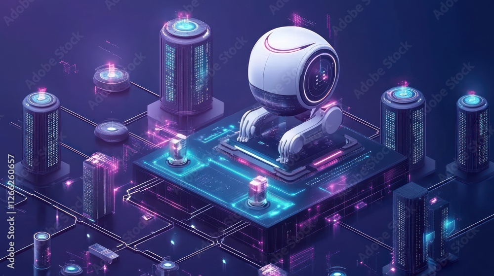 Poster robot monitoring server farm, futuristic network