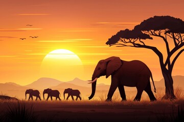 Fototapeta premium Group of elephants walking in the wild, with the sun setting in the background, savannah with elephants concept