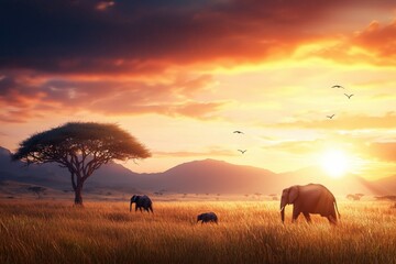 Fototapeta premium Group of elephants are grazing in a field with a tree in the background, savannah with elephants concept