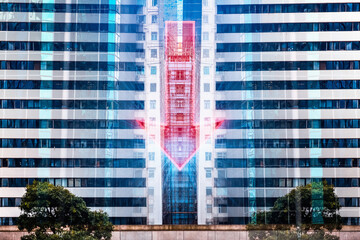 Hong Kong business concept showing digital red arrow over modern building facade, symbolizing direction in urban financial district.