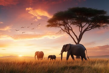 Group of elephants walking in a field with a tree in the background, savannah with elephants concept