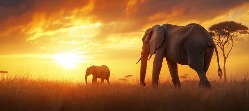 Two elephants walking in a field with a sunset in the background, savannah with elephants concept