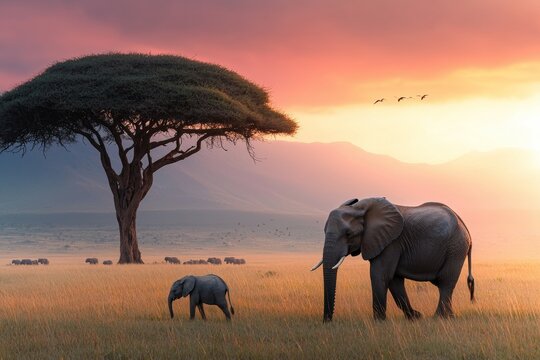 Mother elephant and her baby are walking through a grassy plain, savannah with elephants concept