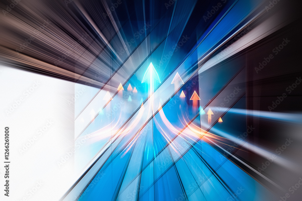 Poster Abstract concept of business growth in Hong Kong. Dynamic blue and brown lines with upward arrows suggest progress and direction in a modern setting.