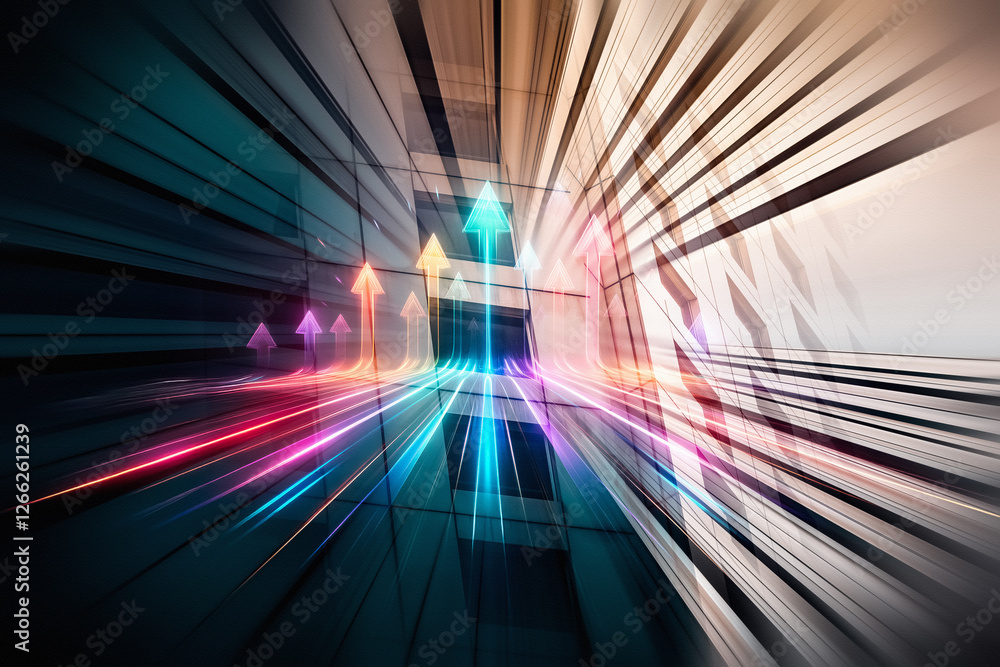 Poster Hong Kong business concept with dynamic upward arrows and light trails.  Abstract cityscape background suggests growth and progress in an urban center.