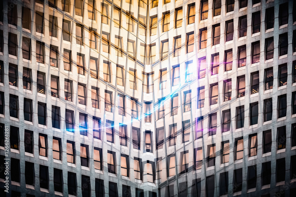 Poster a modern hong kong business concept featuring the abstract facade of a curved building with many win