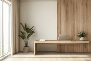 Modern workspace with wooden desk and plant