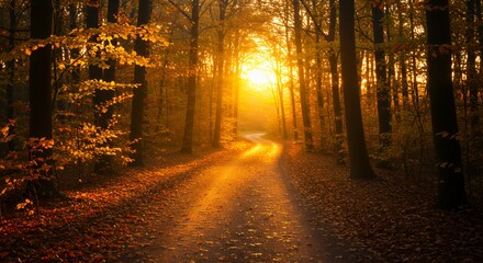 Fototapeta premium Forest Path at Sunset with Golden Light Shining Through Trees
