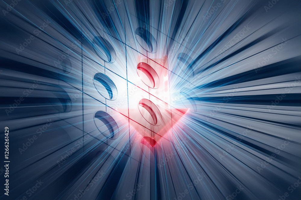Poster Abstract concept of business direction in Hong Kong. Red arrow points down against a blurred, dynamic blue and gray background symbolizing movement and progress.