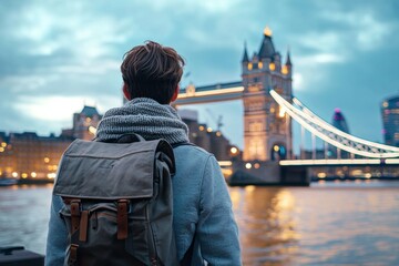 Man wearing a backpack stands on a pier overlooking a river and a bridge, solo travel concept