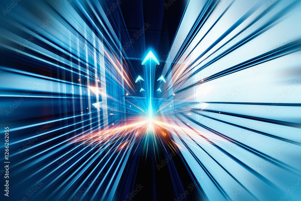 Poster Abstract business concept with glowing arrow pointing upwards, symbolizing progress and success in Hong Kong's dynamic financial district.