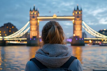 Woman is standing on the shore of a river, looking at a bridge in the distance, solo travel concept