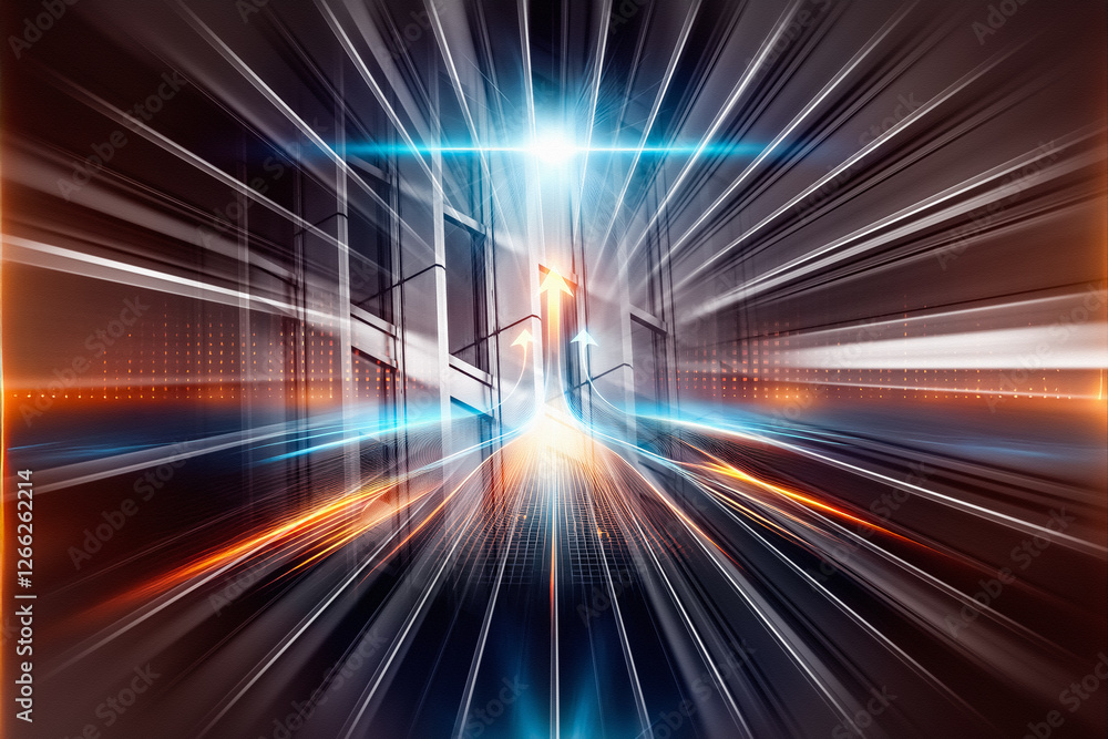 Fototapete Abstract concept of Hong Kong business with fast speed light trails. Dynamic perspective representing progress and technology in a modern city.
