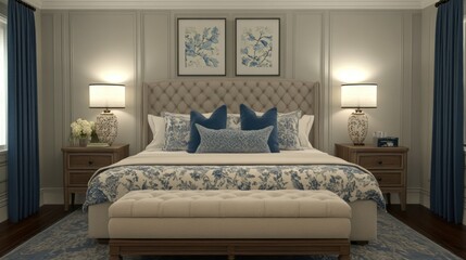Elegant bedroom interior with neutral tones and blue accents rendering