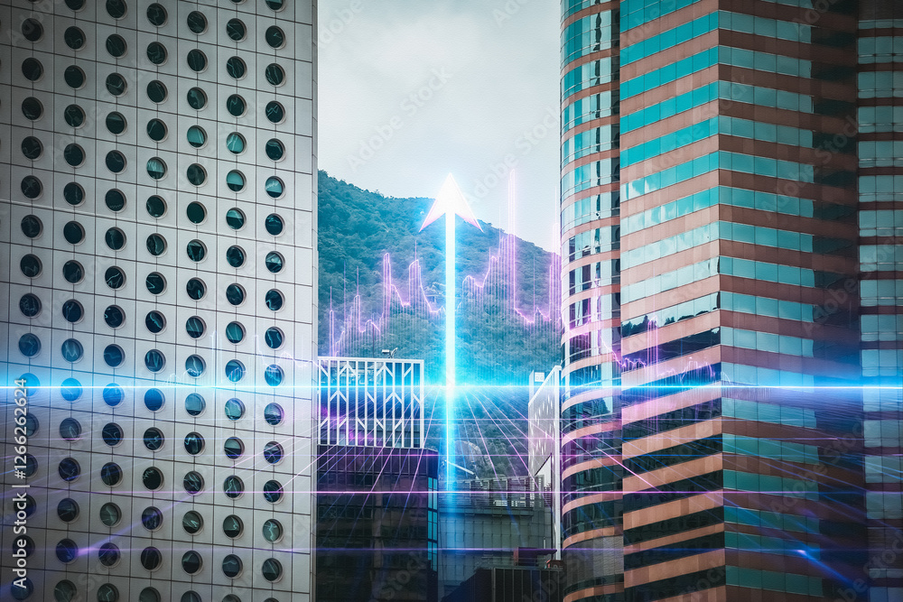 Poster hong kong cityscape with modern skyscrapers under daytime sky. an upward arrow with a graph overlay 