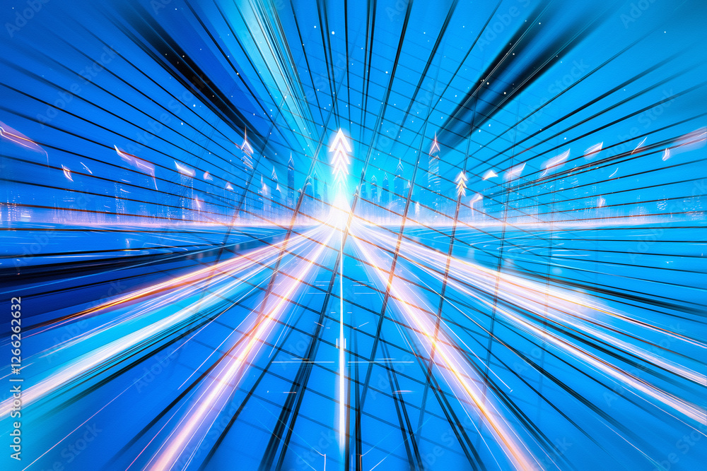 Fototapete Abstract lines converge to an arrow, symbolizing a forward business concept in a modern Hong Kong setting.  Illuminated path suggests progress and innovation.