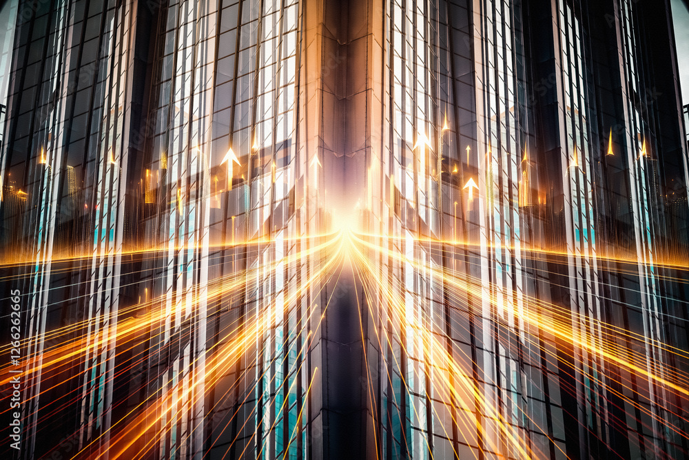 Poster Abstract business concept of Hong Kong's modern architecture. Light trails create a dynamic perspective of urban development and financial growth in the city.