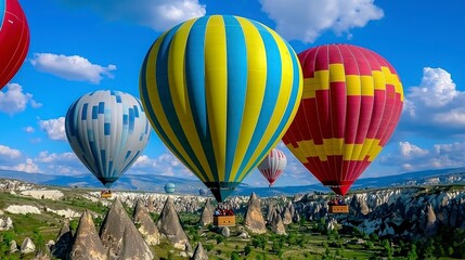 Colorful hot air balloons soar over a scenic landscape, showcasing the beauty of nature and adventure in a bright blue sky.