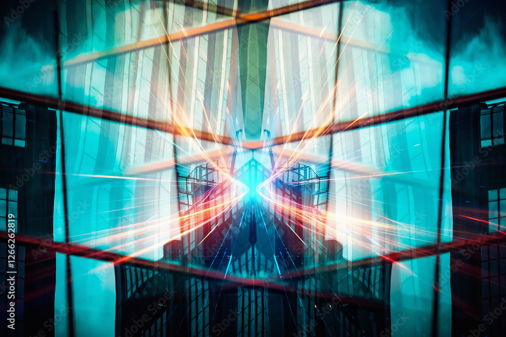 Fototapete abstract concept of hong kong business buildings with vibrant teal and orange colors creating a dyna
