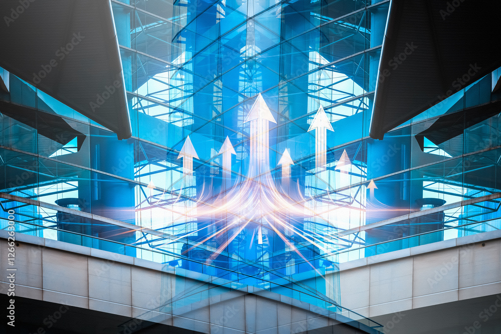 Poster modern business concept image depicting growth with upward arrows in blue architectural style, sugge
