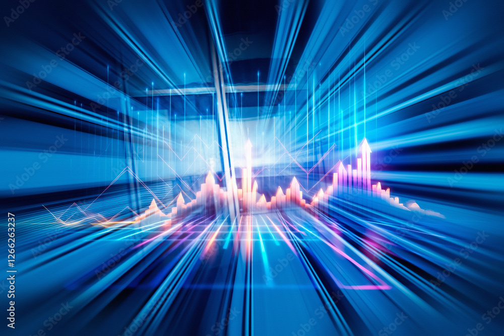 Aufkleber Abstract business concept visualizing Hong Kong's fast-paced financial market. Blue tones represent digital data and rapid economic trends.
