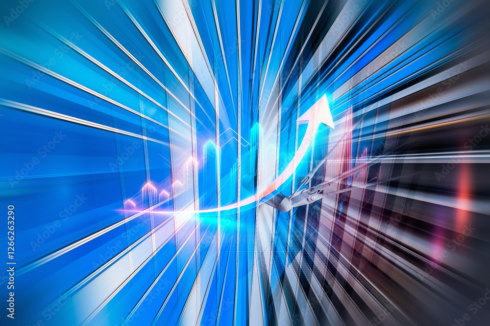 Poster Business concept in Hong Kong visualized with dynamic blue lines converging towards an upward arrow, symbolizing growth and financial progress.