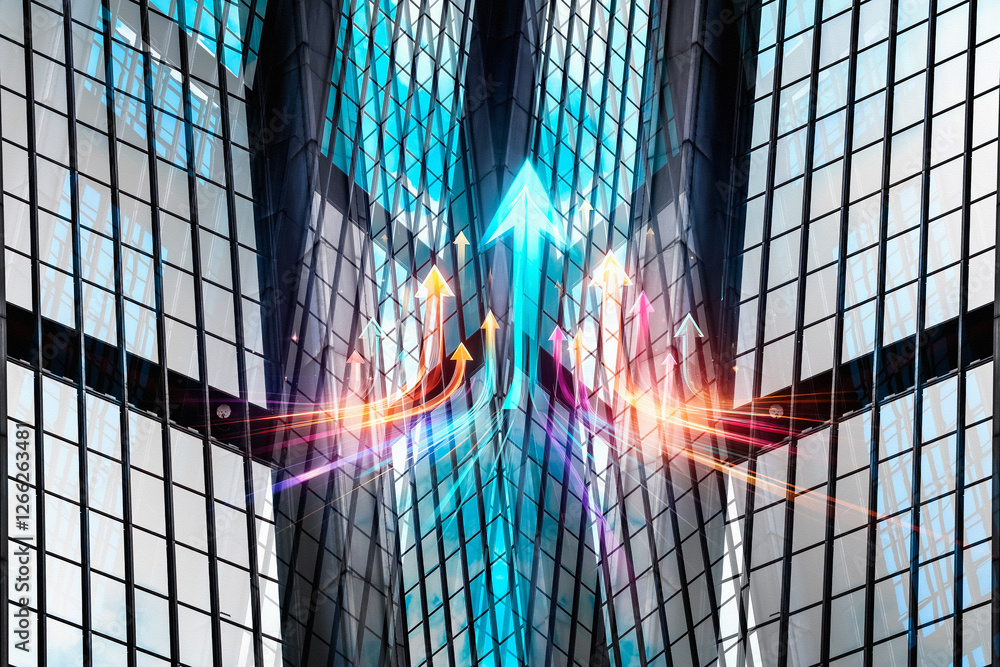Poster a business concept in hong kong with upward arrows symbolizing growth between modern skyscrapers.