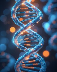 A glowing 3D-rendered DNA helix with a futuristic, high-tech aesthetic, symbolizing genetic research, biotechnology, molecular science, and advancements in medicine and bioengineering.

