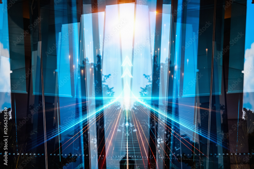 Poster futuristic concept for business growth in hong kong. modern architecture with bright light and persp