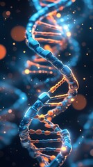 A glowing 3D-rendered DNA helix with a futuristic, high-tech aesthetic, symbolizing genetic research, biotechnology, molecular science, and advancements in medicine and bioengineering.

